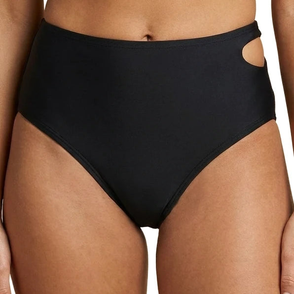 Black high-waisted bikini bottom on a person against a white background