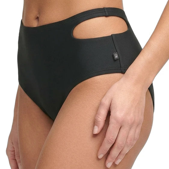 Black high-waisted bikini bottom with cutout design on a white background