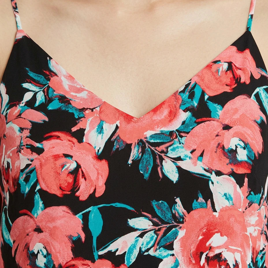 Floral dress with pink roses on a black background