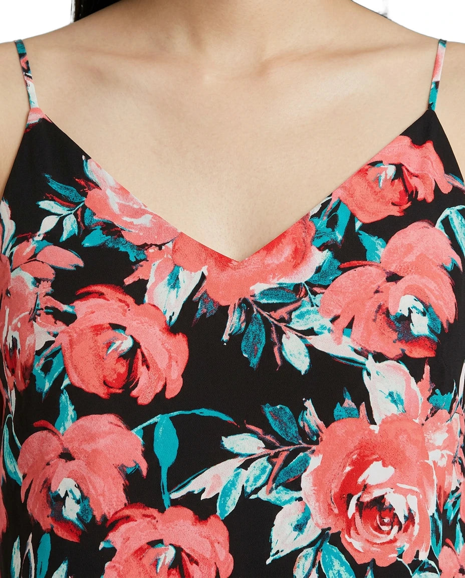 Floral dress with pink roses on a black background