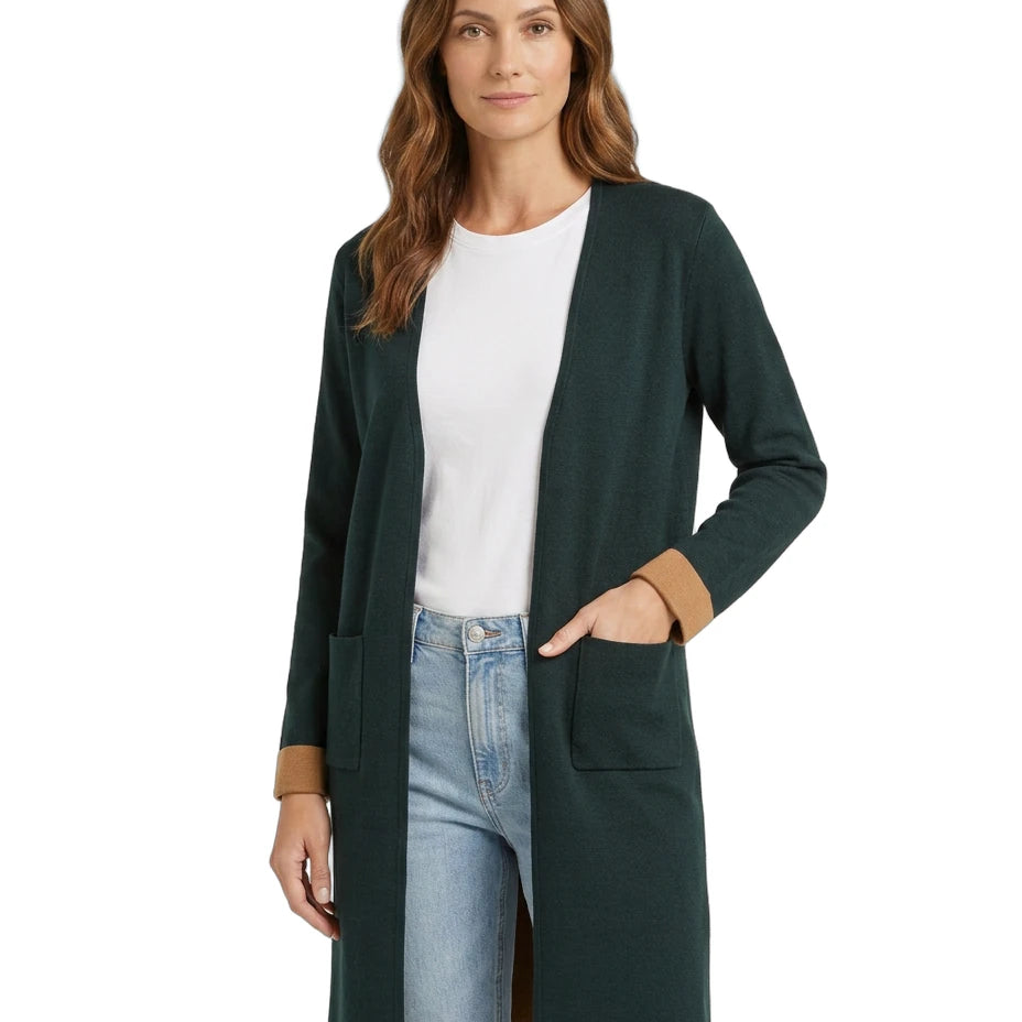Women wearing a Calvin Klein green Open-Front Long Cardigan with a white background seen from the front
