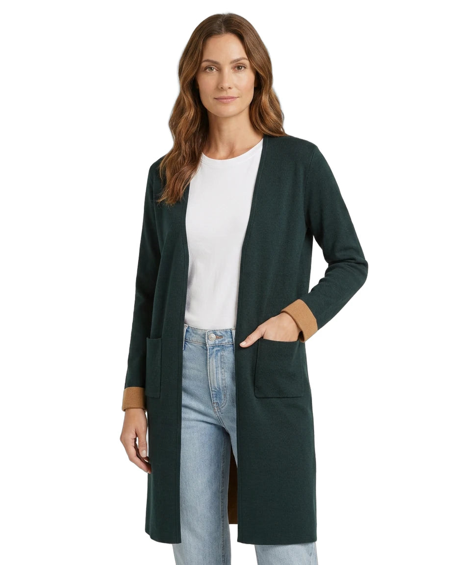 Women wearing a Calvin Klein green Open-Front Long Cardigan with a white background seen from the front