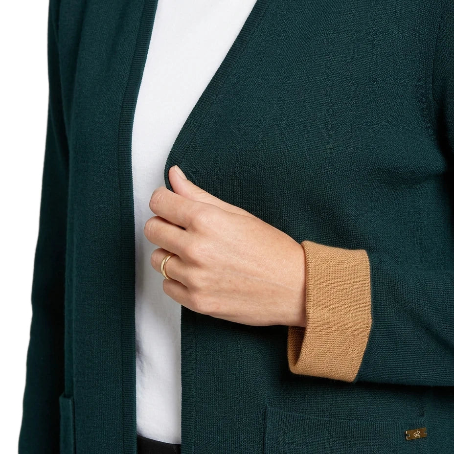 close up of a women wearing a Calvin Klein green Open-Front Long Cardigan with a white background