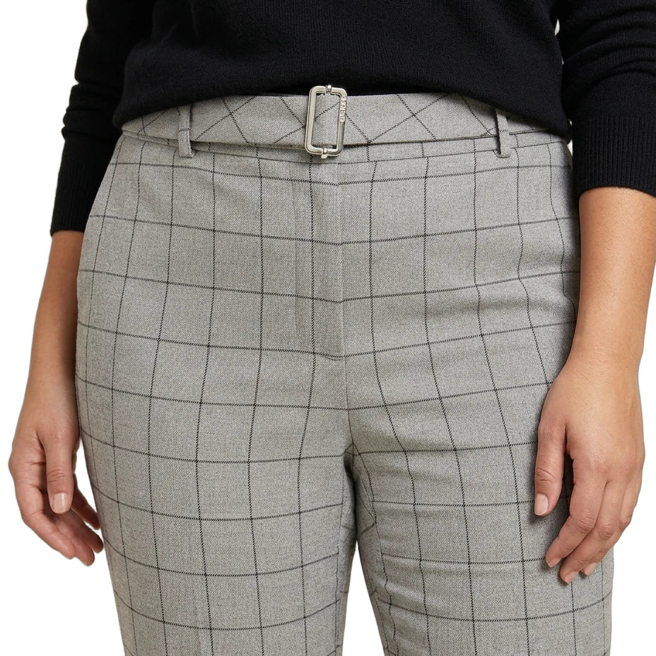 Gray Calvin Klein checkered pants with a belt on a white background