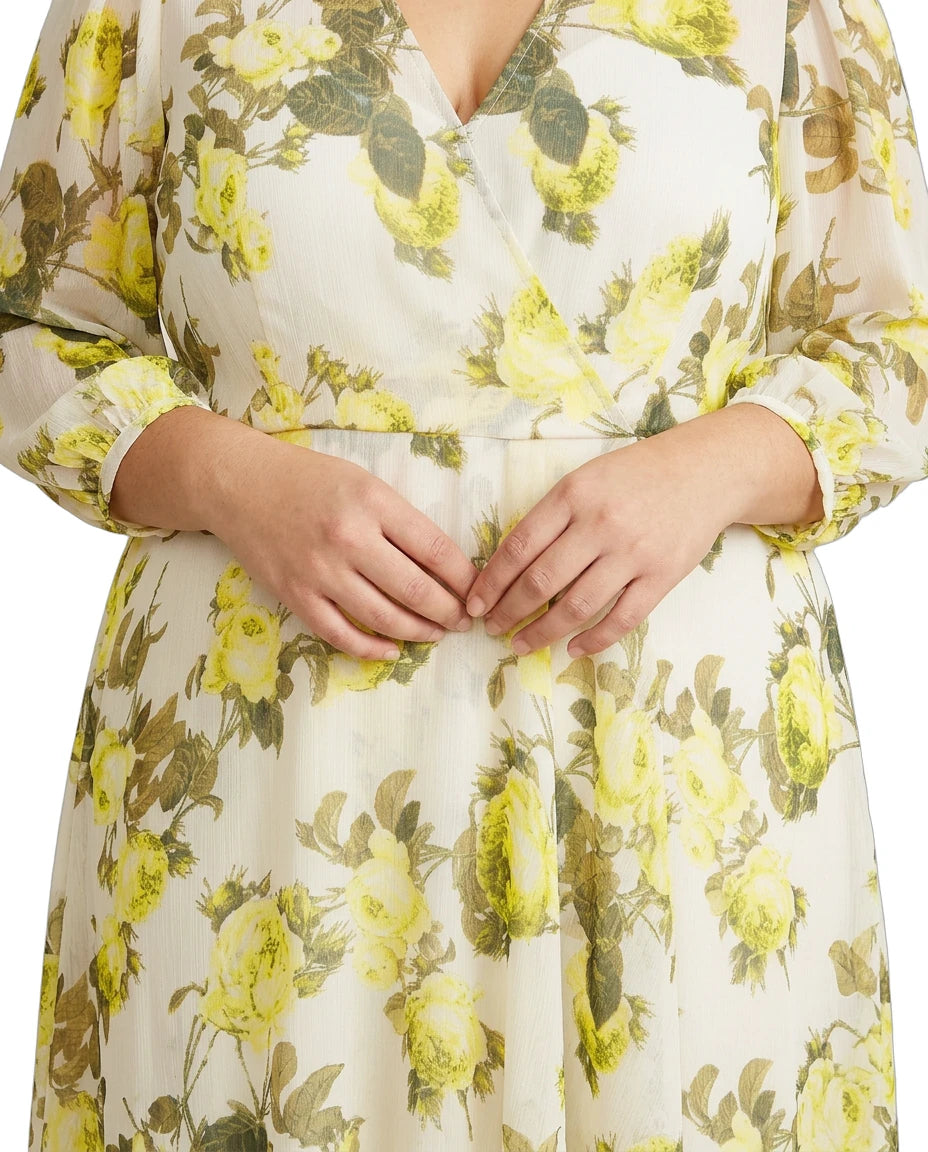 Calvin Klein floral dress with yellow flowers on a white background