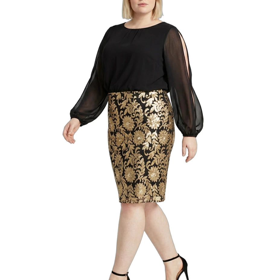 Woman wearing a Calvin Klein black and gold floral dress on a white background