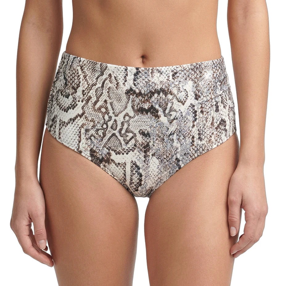 Calvin Klein snakeskin-patterned high-waisted bikini bottom on a white background