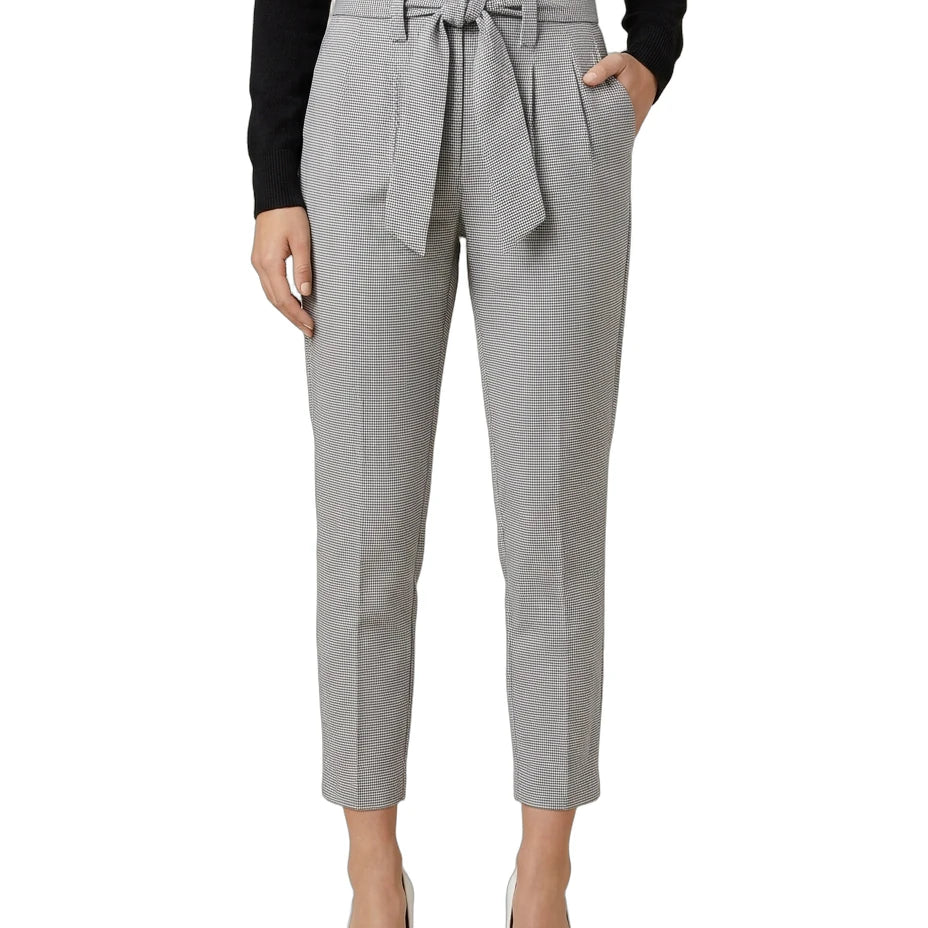 Gray checkered Calin Klein pants with a tie waist on a white background