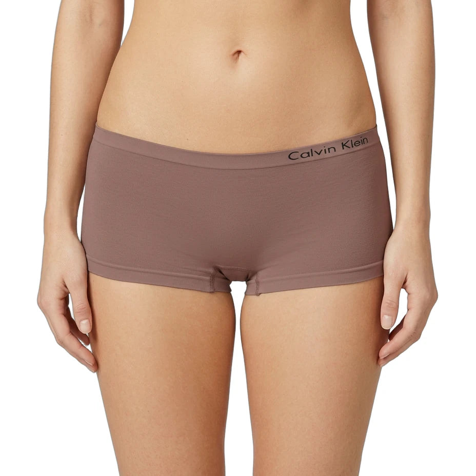 Brown Calvin Klein boyshort underwear on a white background