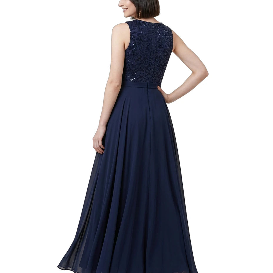 Navy blue Calvin Klein evening gown with lace top on a white background