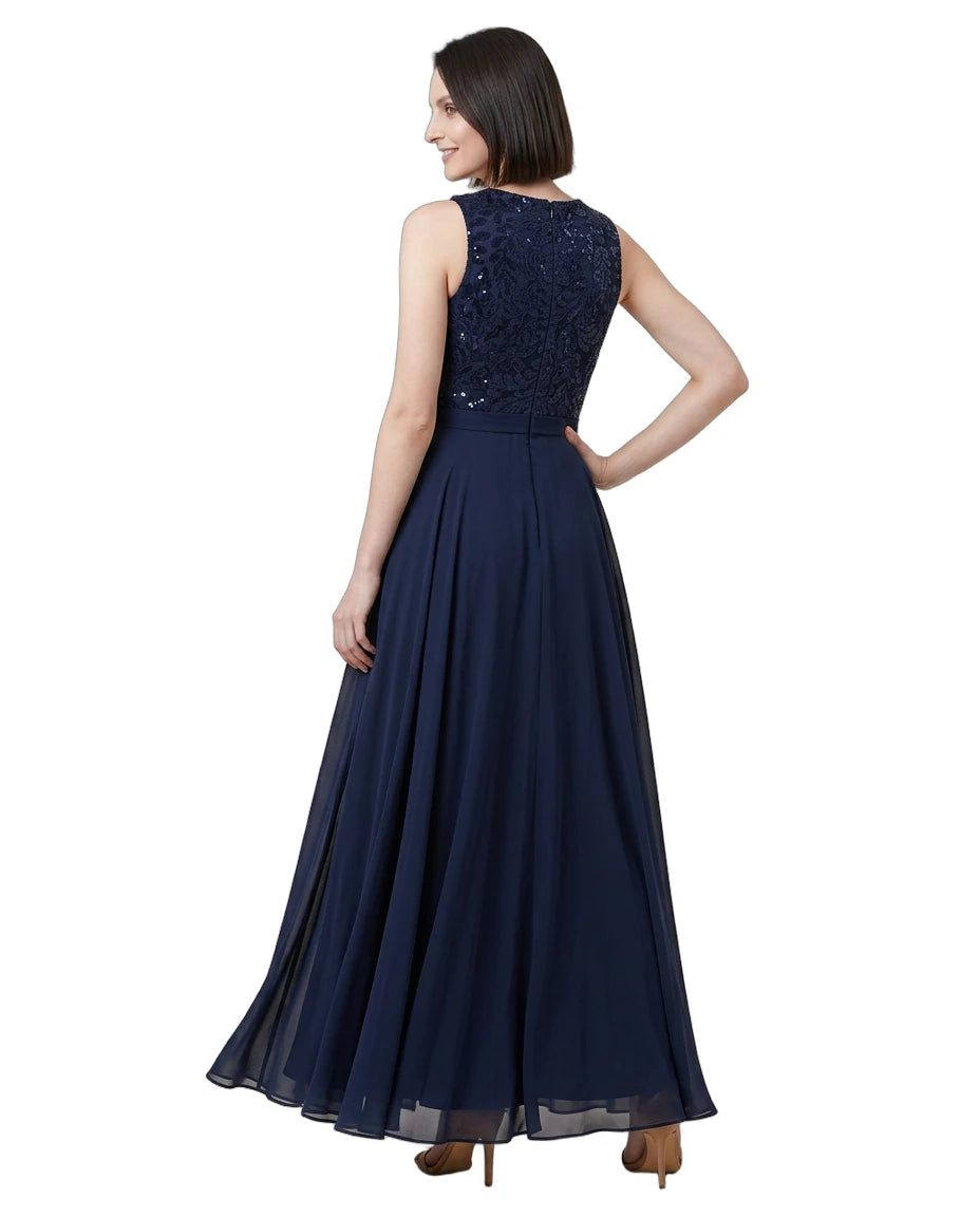 Navy blue Calvin Klein evening gown with lace top on a white background
