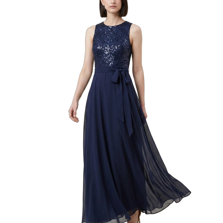 Navy blue Calvin Klein evening gown with sequin embellishments on a white background