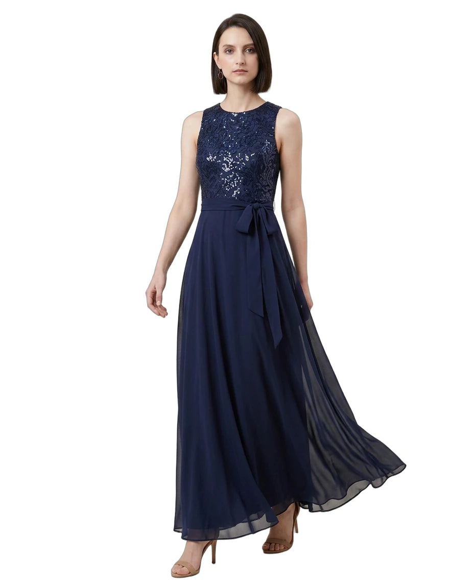 Navy blue Calvin Klein evening gown with sequin embellishments on a white background
