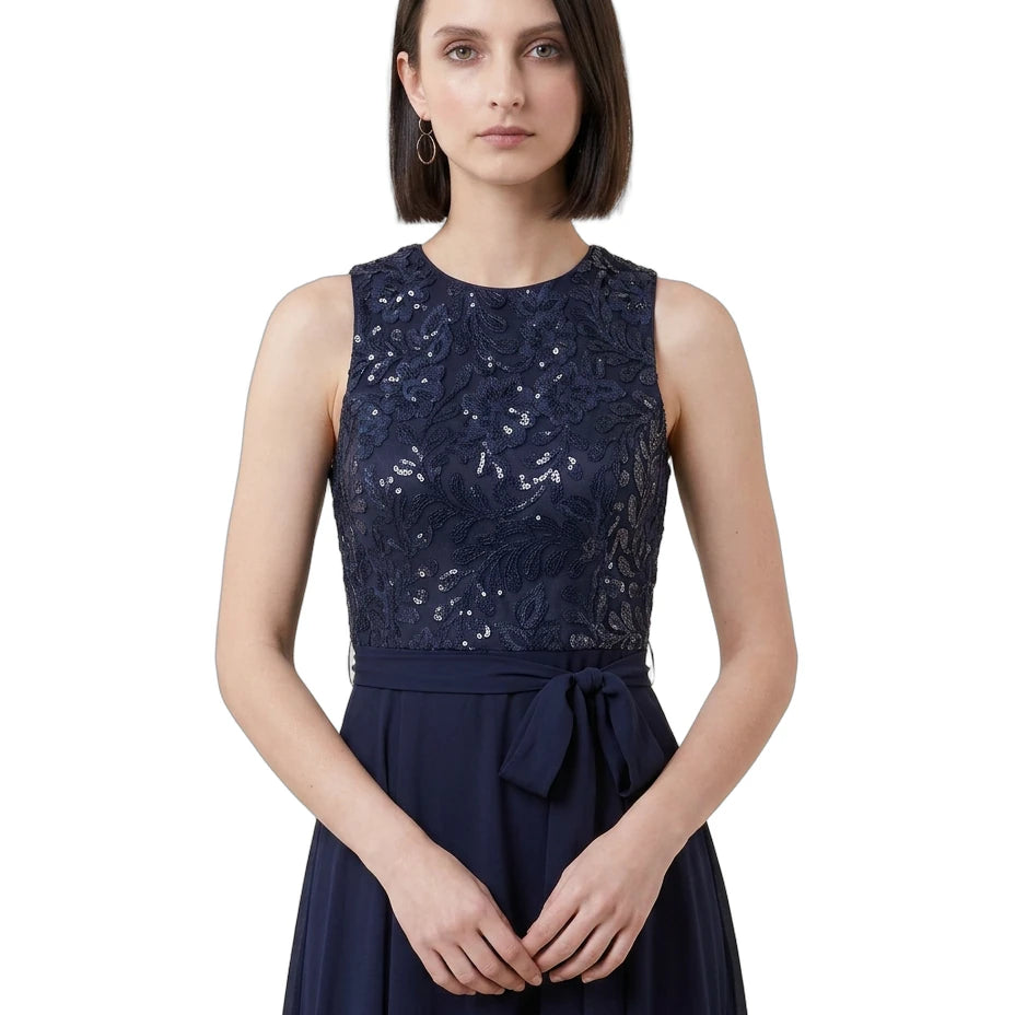 Navy blue Calvin Klein dress with sequin detailing on a white background