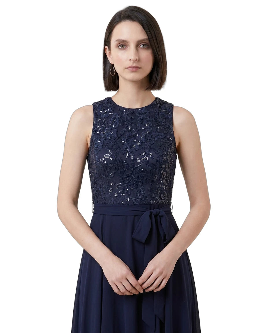 Navy blue Calvin Klein dress with sequin detailing on a white background