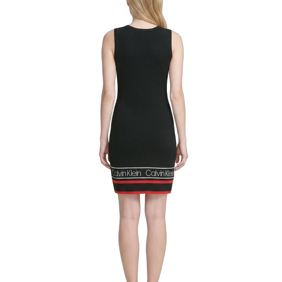 Black dress with Calvin Klein logo on a white background