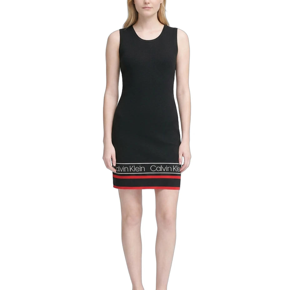Black sleeveless dress with red band and Calvin Klein logo worn by a model on a white background