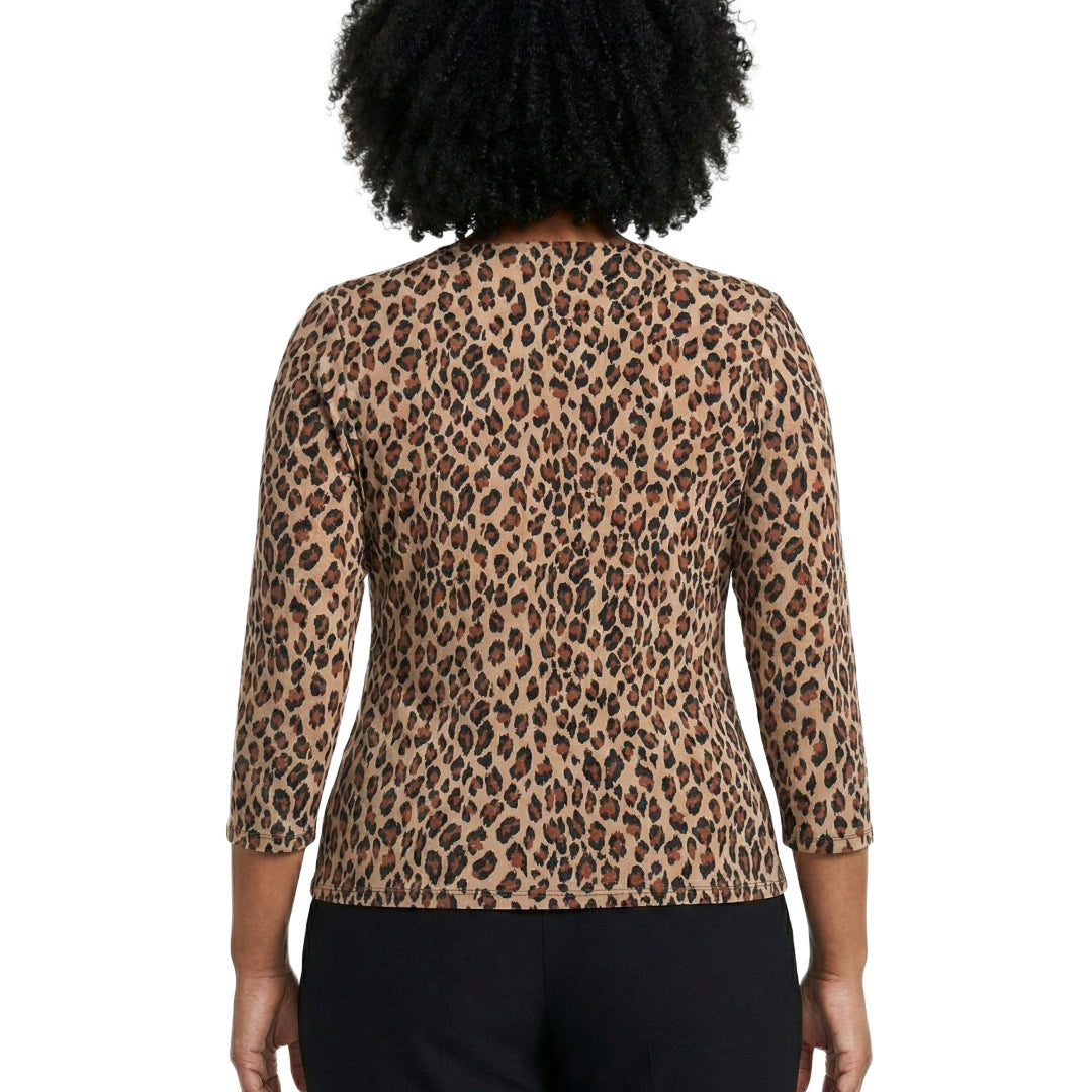 Person wearing a leopard print top with a plain background