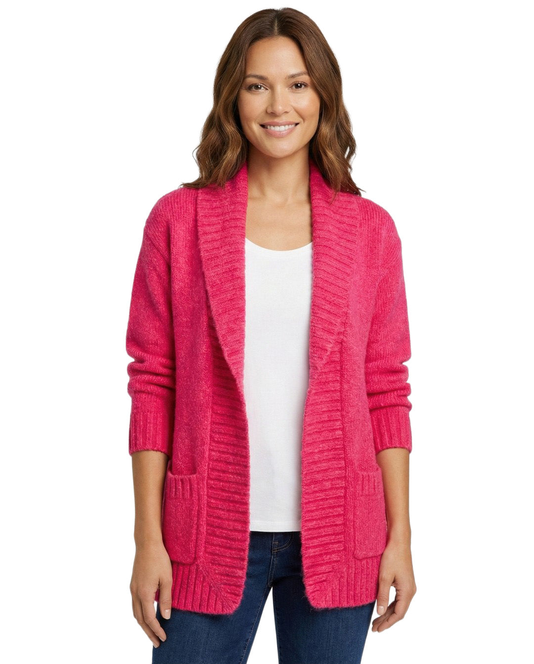 Woman wearing a bright pink cardigan over a white shirt on a white background