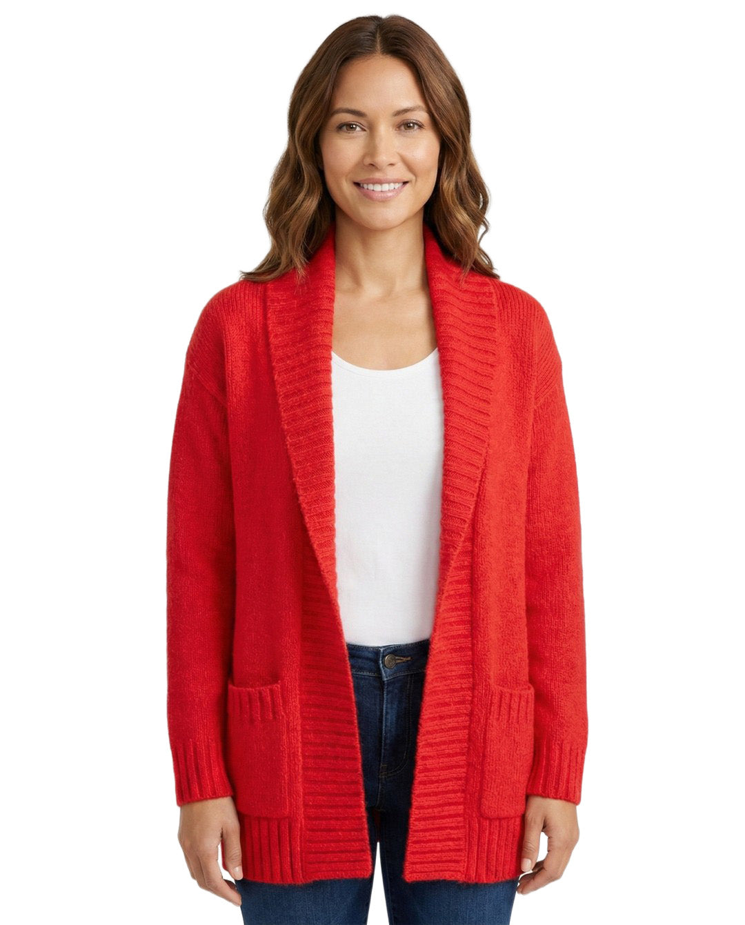 Woman wearing a red cardigan over a white shirt on a white background