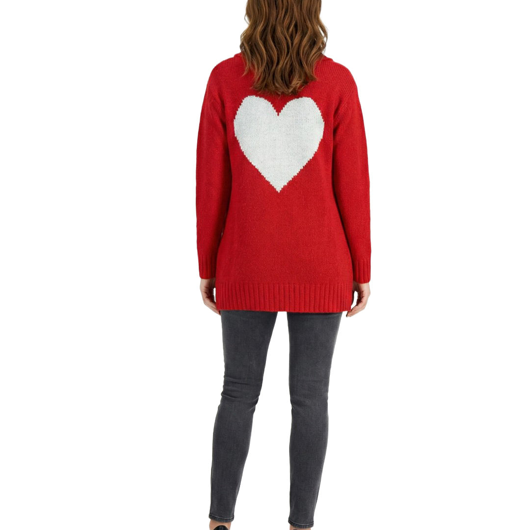 Person wearing a red sweater with a white heart design on the back against a white background