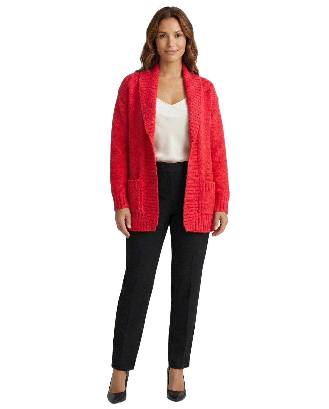 Woman wearing a red cardigan over a white top and black pants on a white background