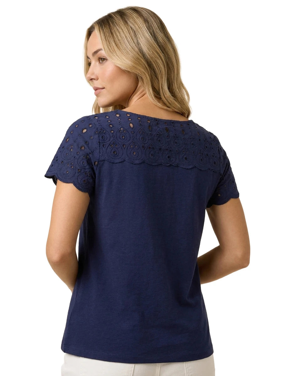 Back view of a blonde woman wearing the Charter Club petite navy blue cotton top showing the embroidered eyelet upper back and scalloped edges.