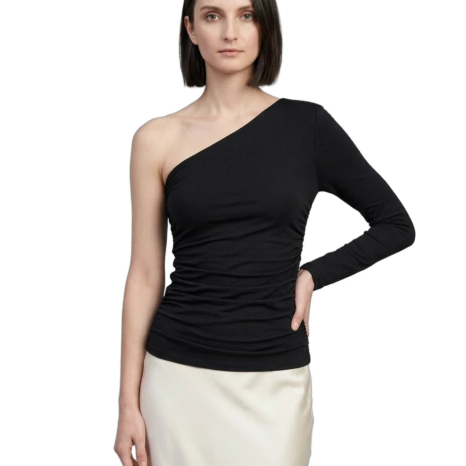 Woman wearing a black one-shoulder top on a white background