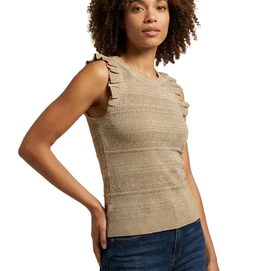 Slightly angled front view of a woman wearing the INC International Concepts neutral knit sleeveless top with ribbed crewneck and ruffle-accented shoulders.