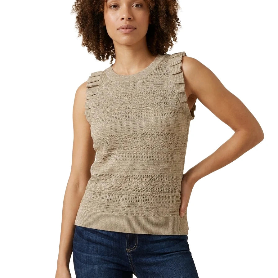 Front view of a woman modeling the INC International Concepts neutral beige sleeveless knit sweater featuring pleated shoulder ruffle trim and a crew neck.