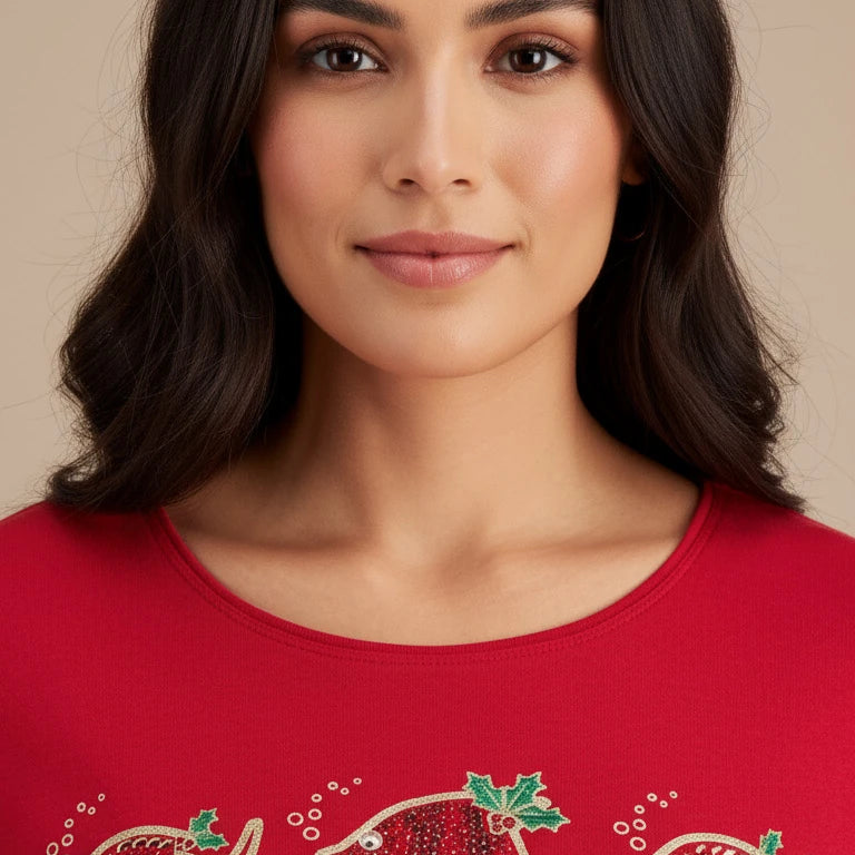 Woman wearing a red sweater with fish designs on a beige background