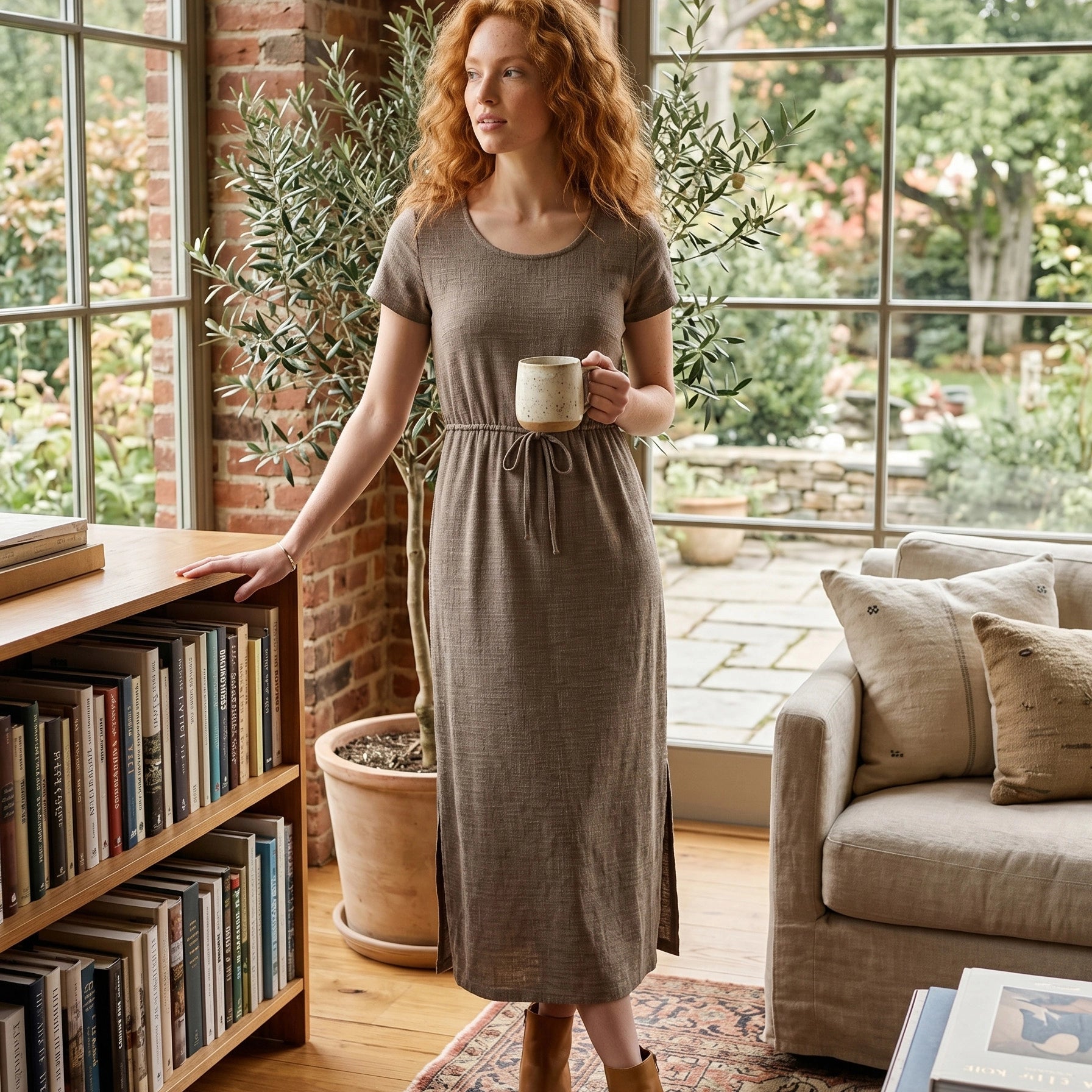 Woman in a brown dress standing in a cozy living room with a bookshelf and sofa.