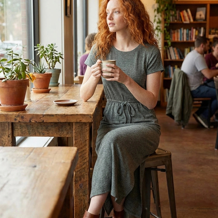 Woman sitting at a wooden table in a cozy cafe, holding a cup.