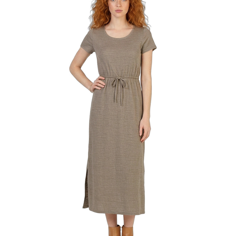 Woman wearing a brown dress with a white background