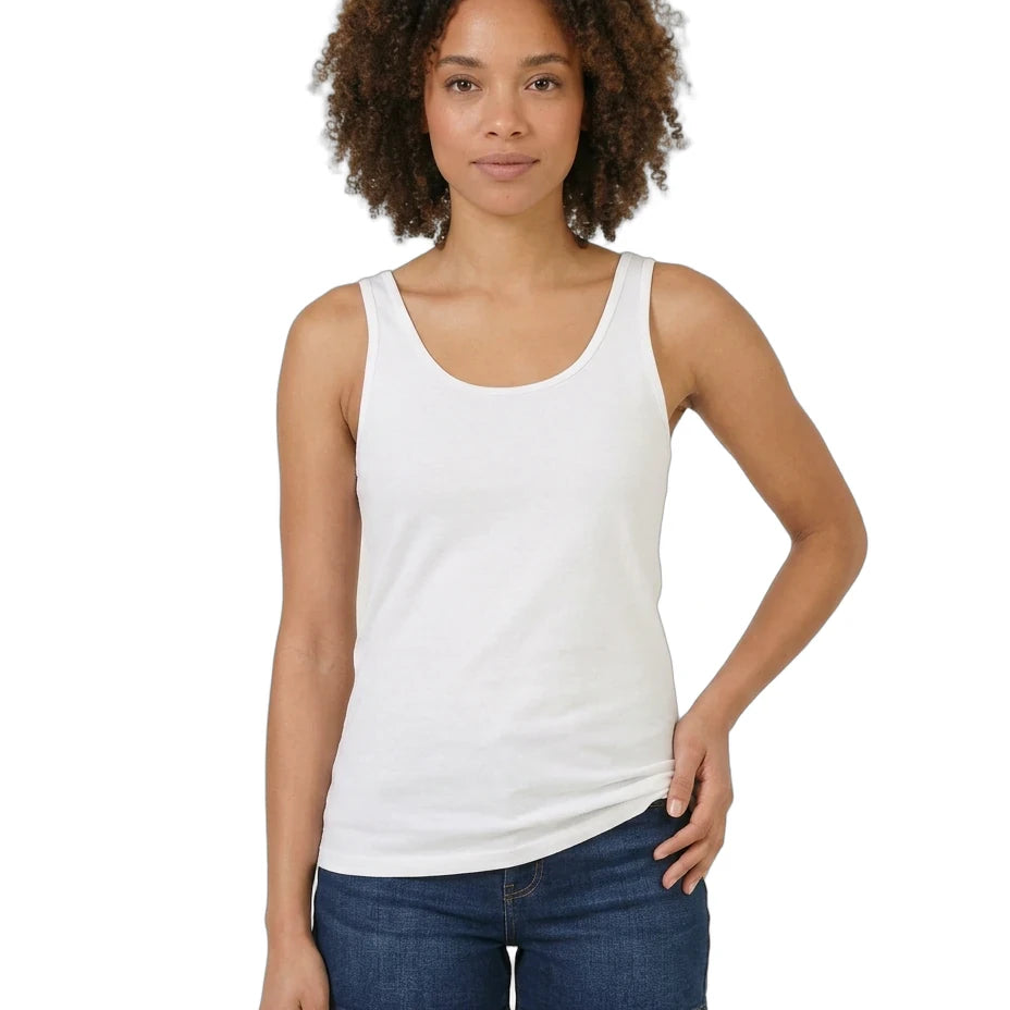 Woman wearing a white tank top and denim shorts on a white background