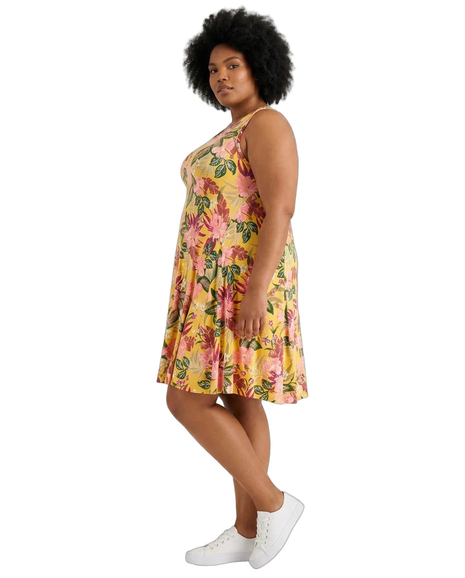 Woman wearing a yellow floral dress on a white background