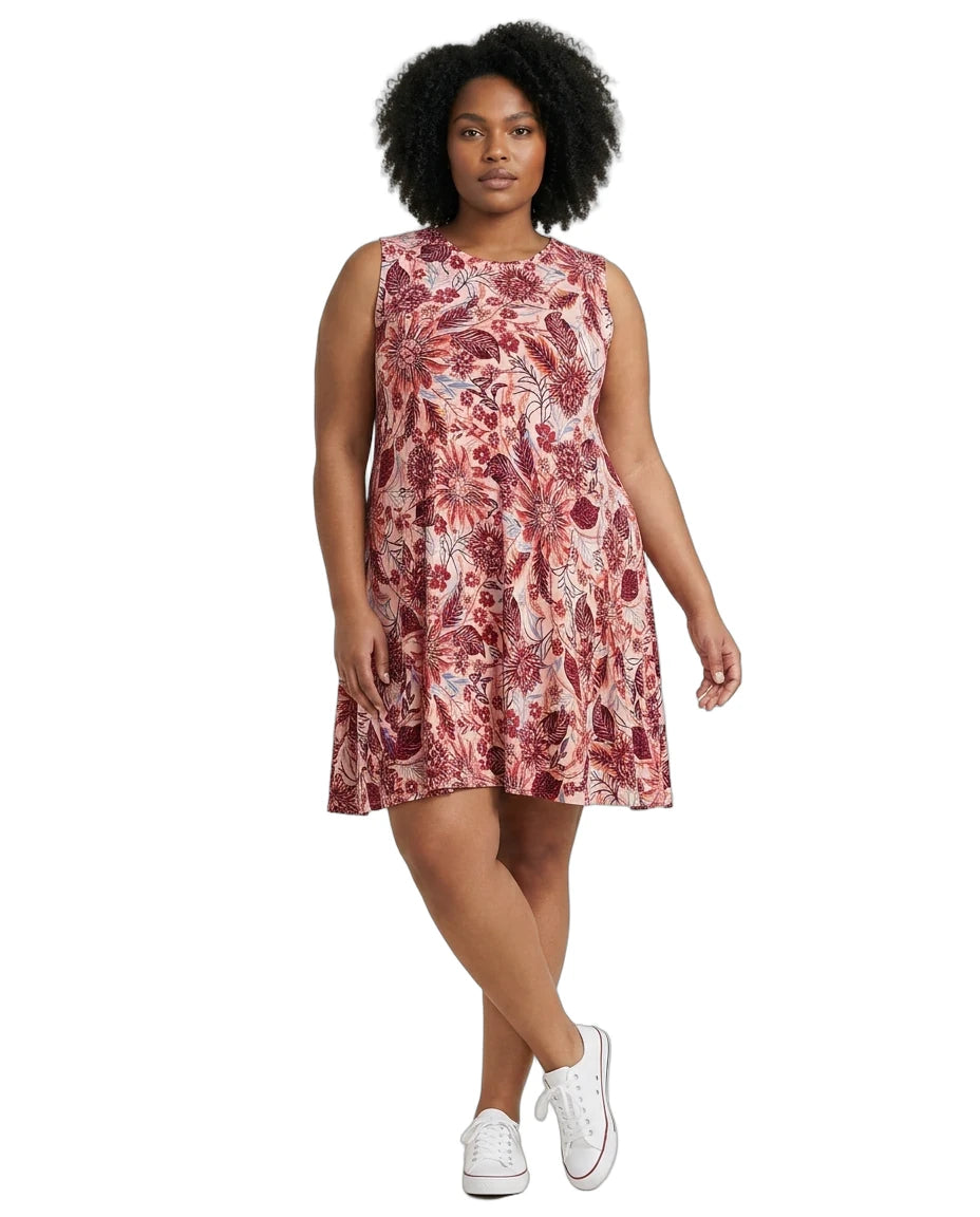 Woman wearing a floral dress on a white background