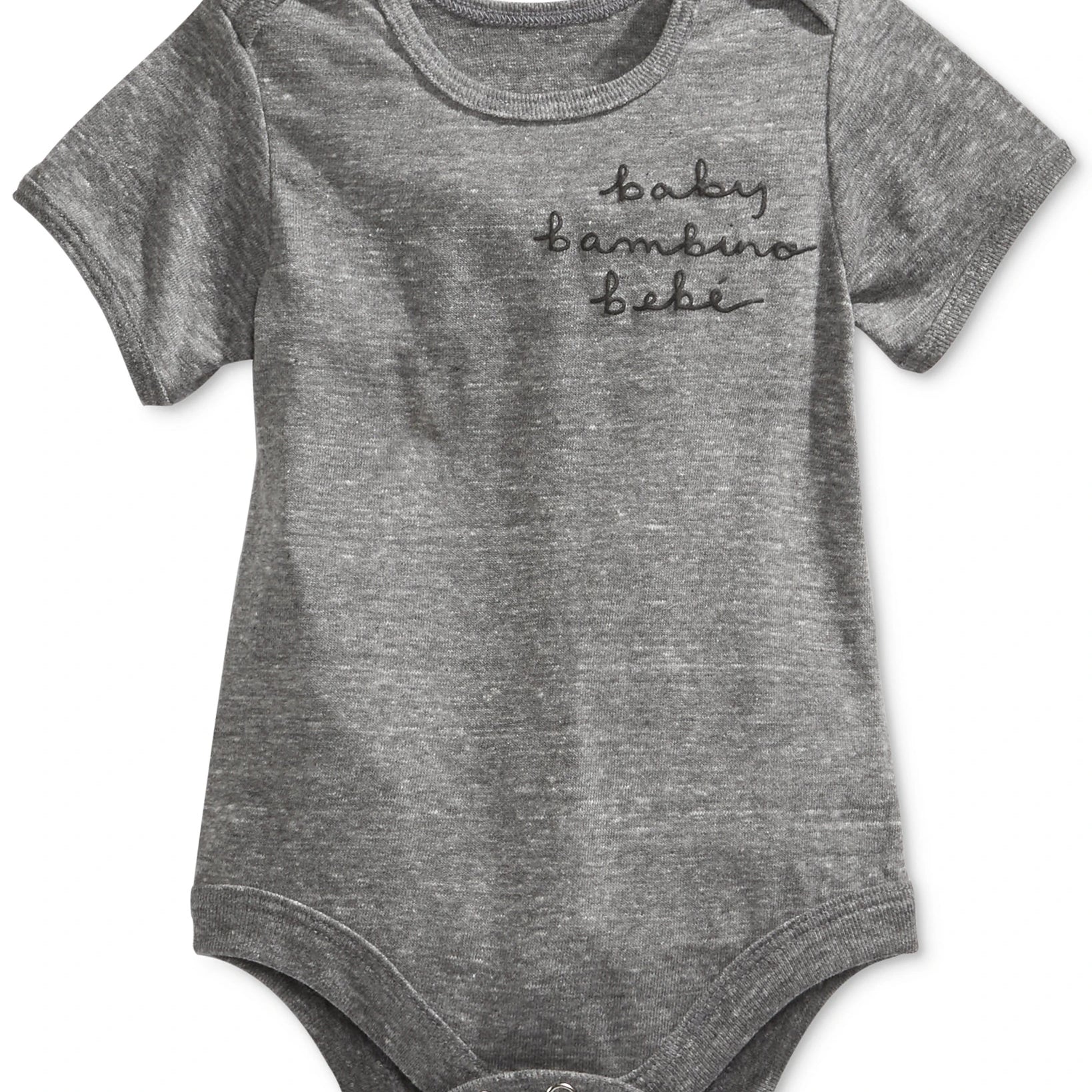 A heather gray short-sleeve baby bodysuit with 'baby bambino bebe' printed in black cursive text on the chest, displayed flat against a white background.