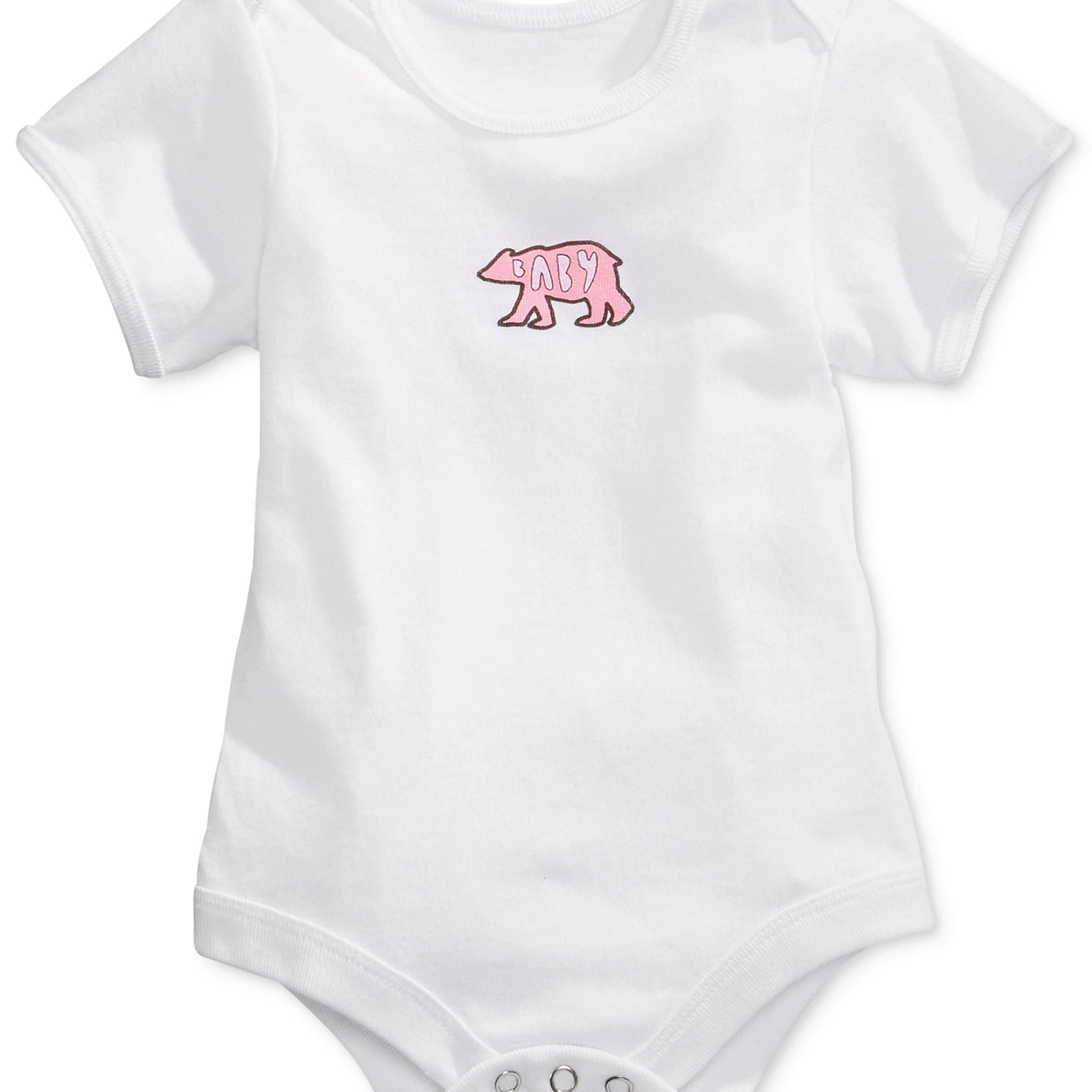 A white short-sleeve baby bodysuit with a small pink polar bear graphic on the chest containing the word 'LOVE'.