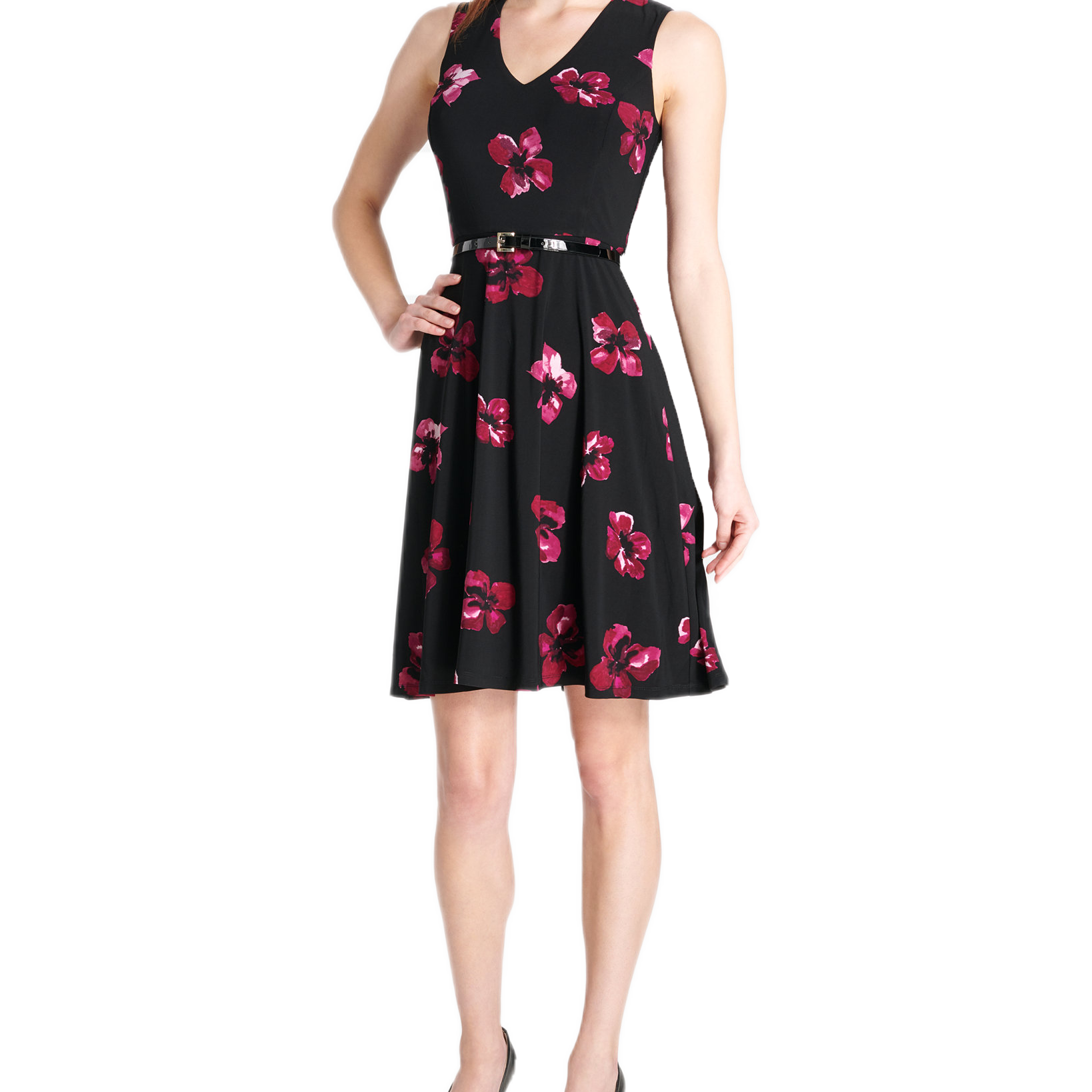 Tommy Hilfiger Women Floral Belted Fit & Flare Dress Black Multi