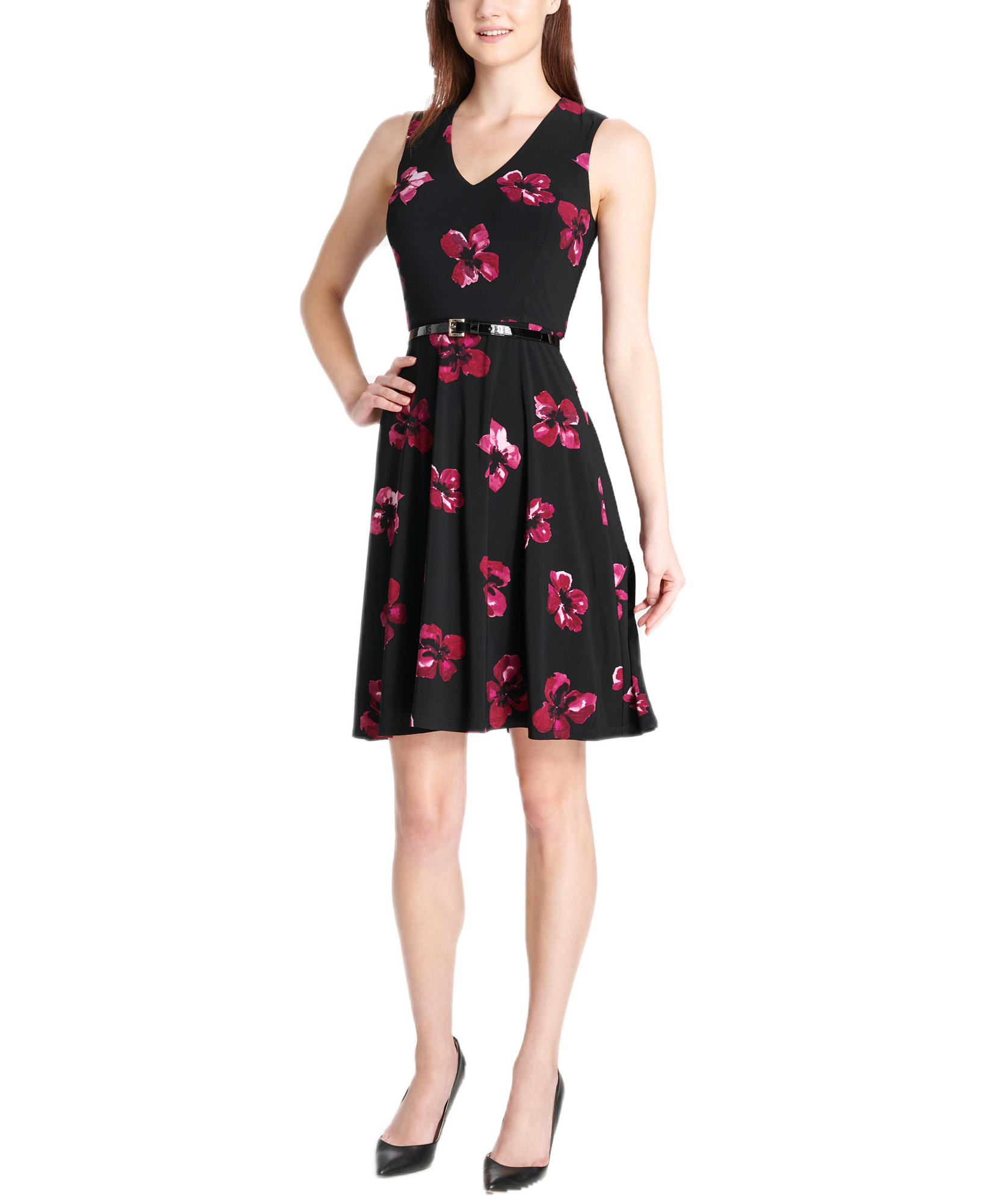 Tommy Hilfiger Women Floral Belted Fit & Flare Dress Black Multi