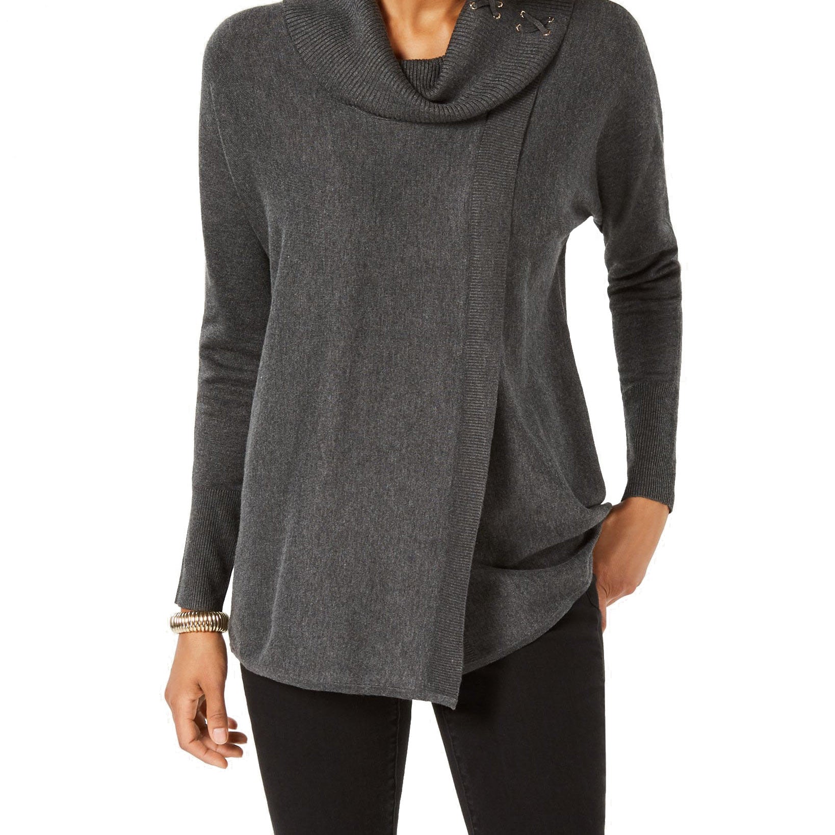 JM Collection Women Faux Wrap Cowl Neck Sweater Charcoal Heather