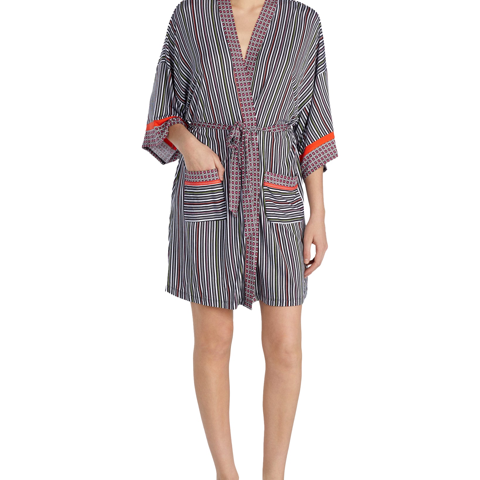 Layla Women Mixed Print Short Wrap Robe Black Stripe