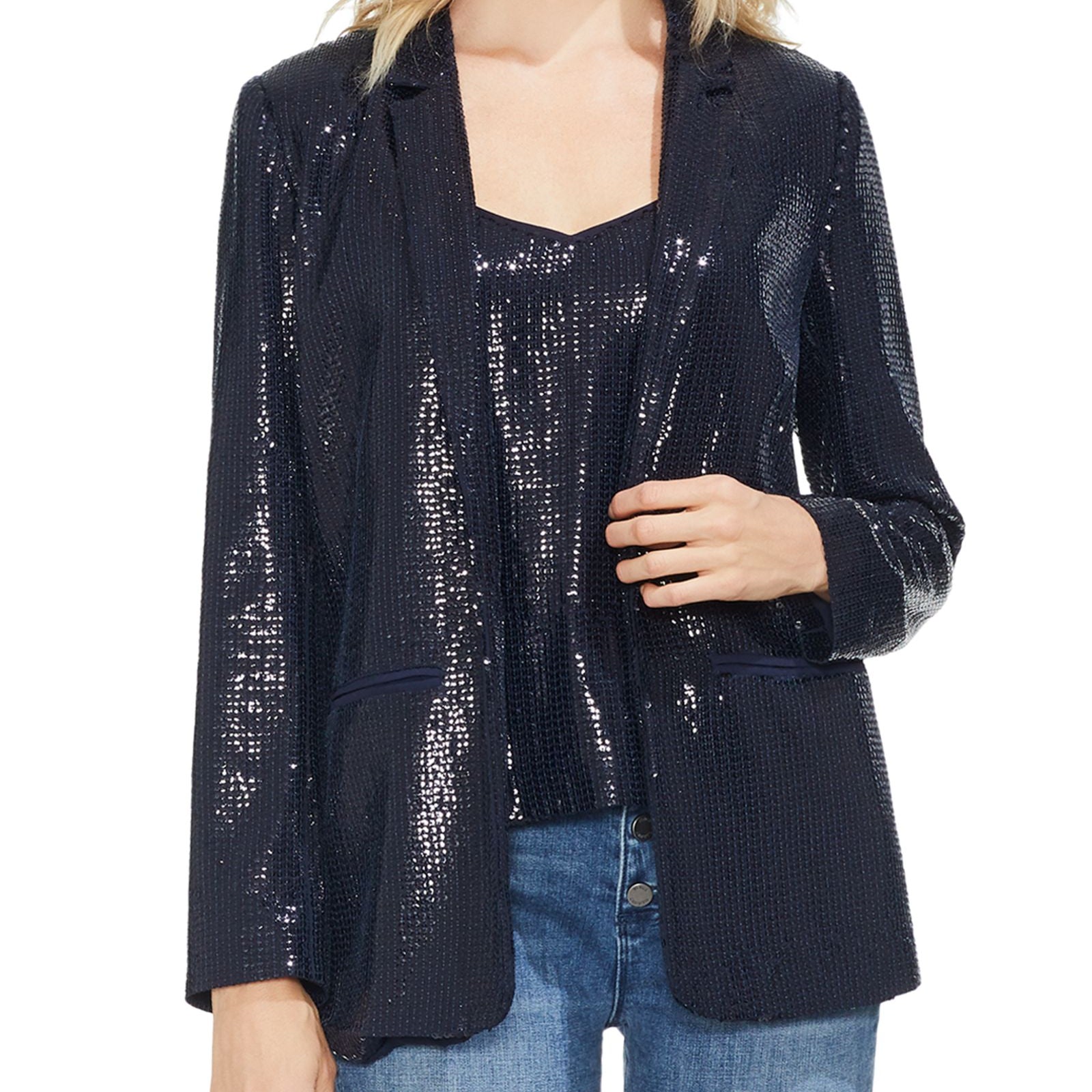 Vince Camuto Women Open Front Sequin Blazer Classic Navy