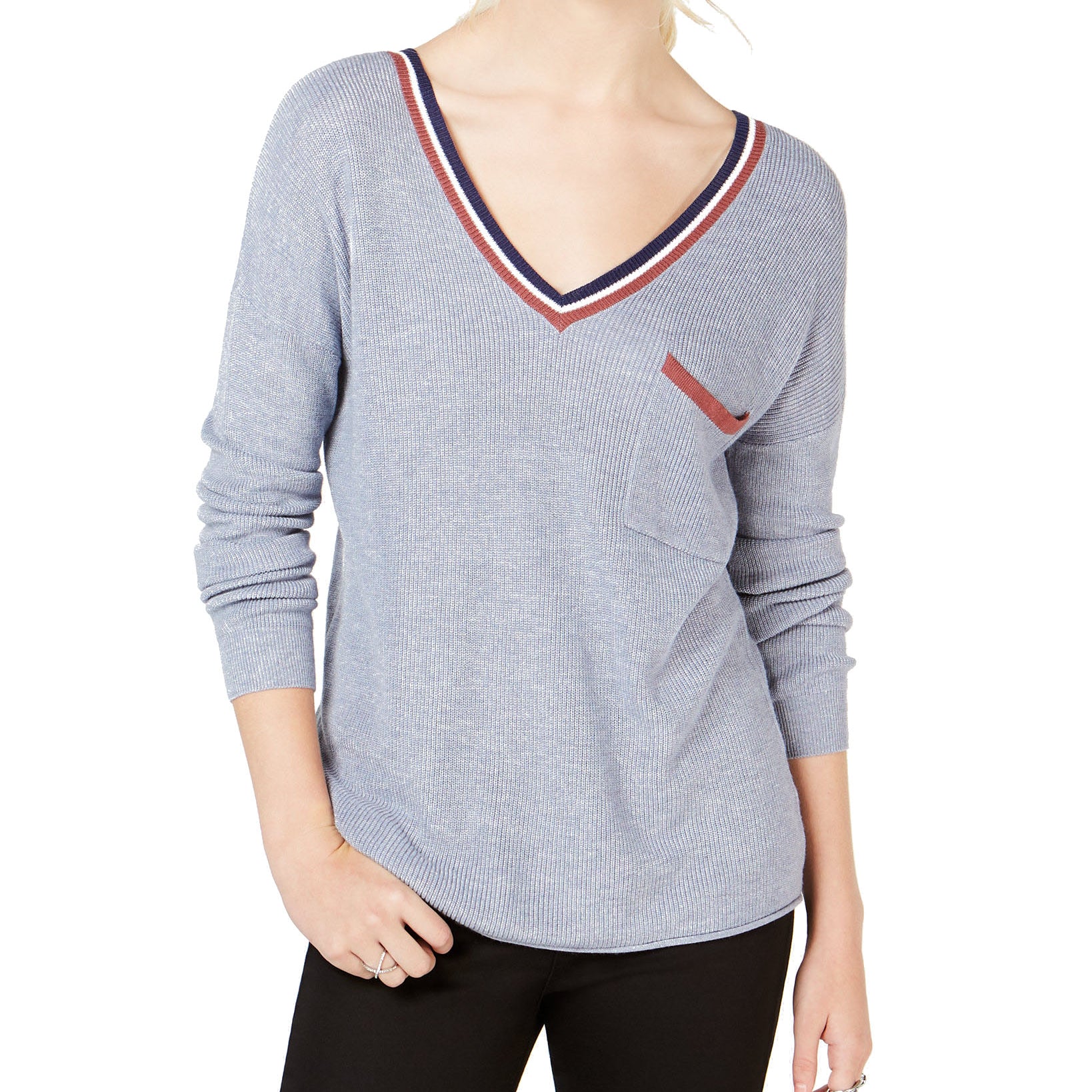Hippie Rose Stripe Trimmed V Neck Sweater Breeze Combo