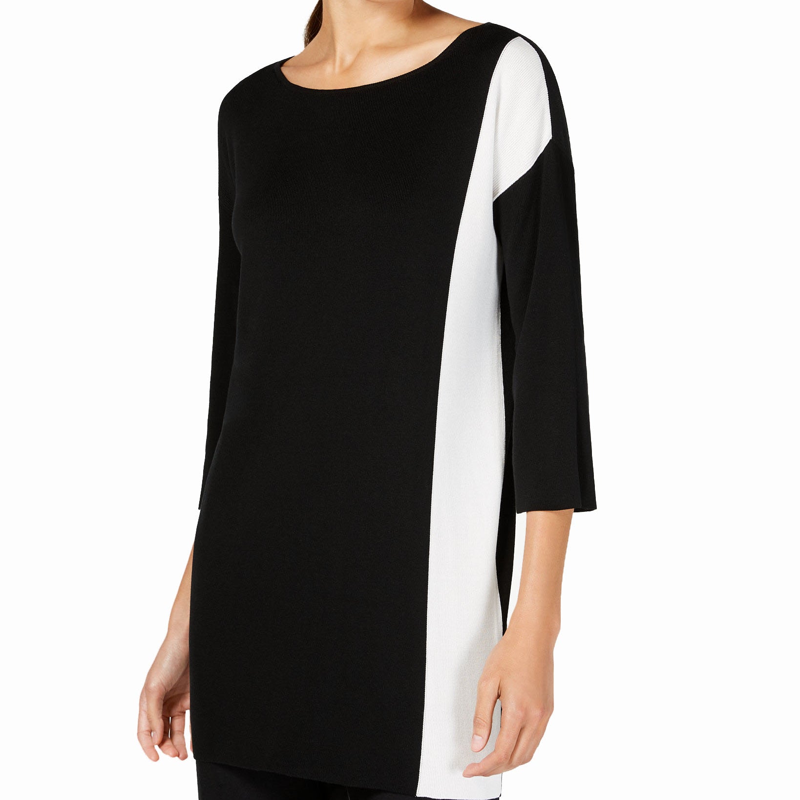 Eileen Fisher Women Petite Tencel Colorblocked Boat Neck Sweater Black Soft White