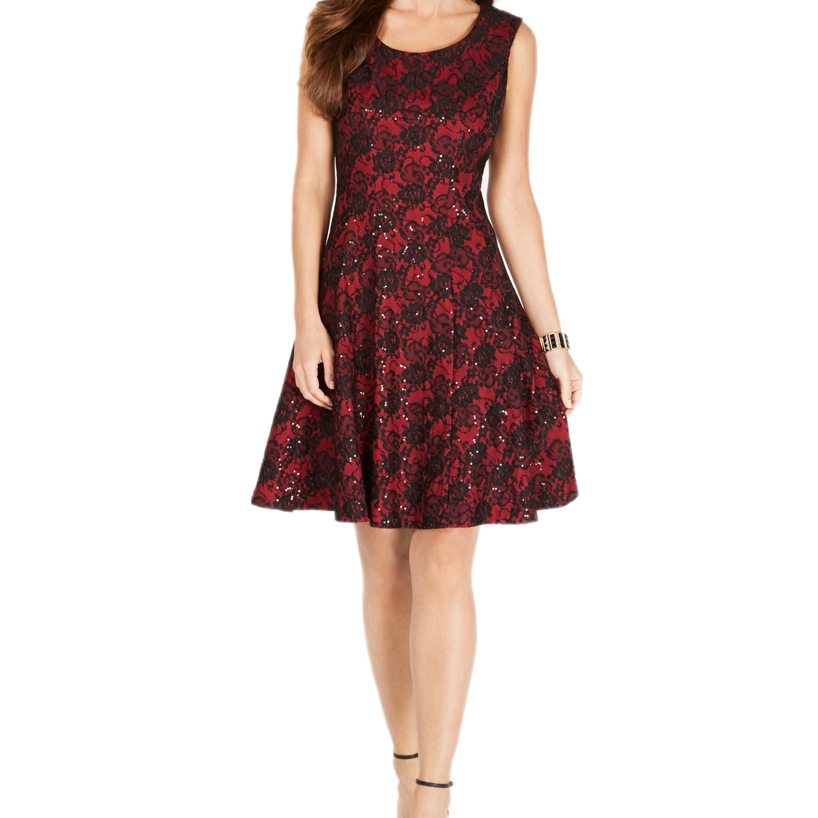 INC International Concepts Women Sequined Lace Fit & Flare Dress Ruby Red Multi