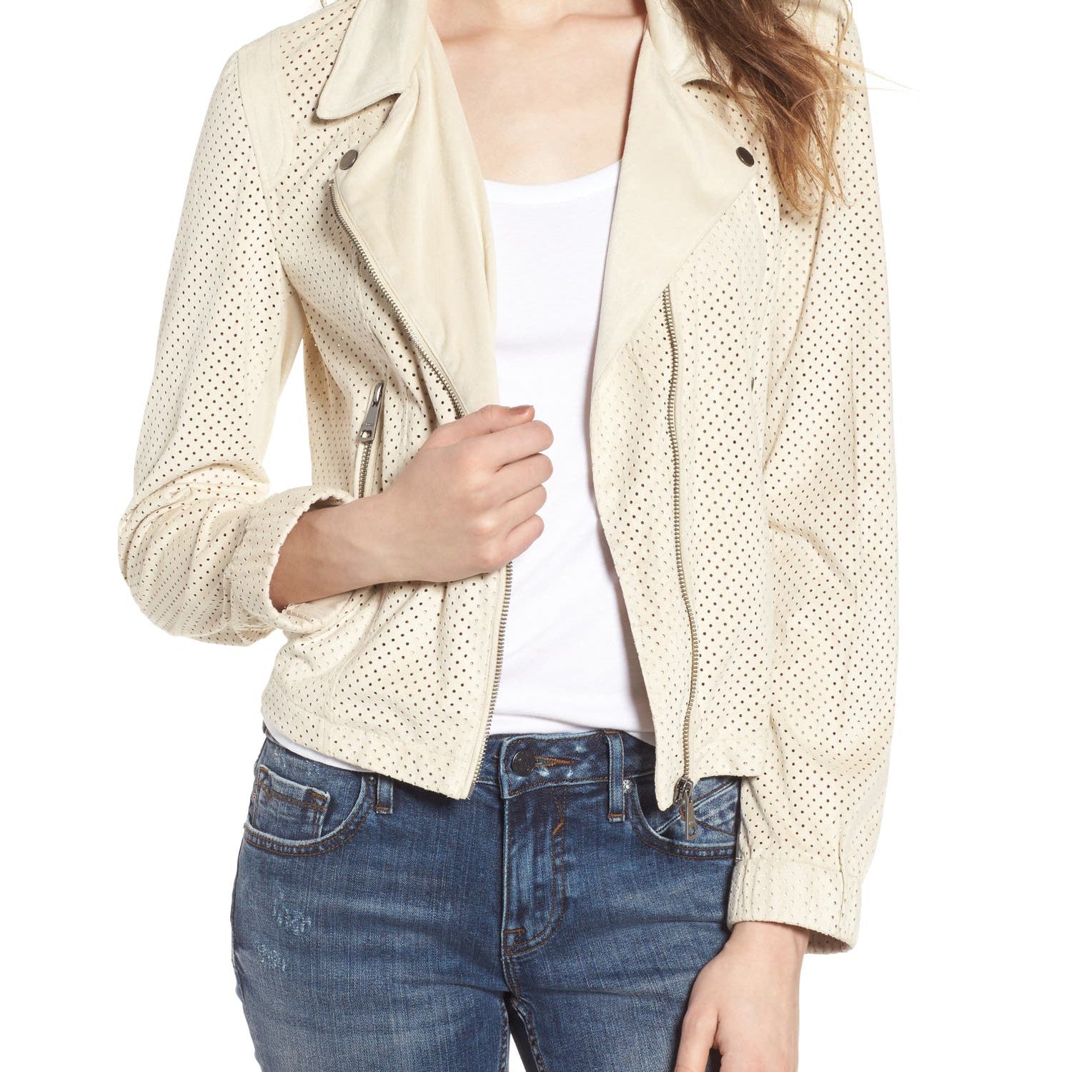 Vigoss Women Perforated Faux Suede Moto Jacket Cloud