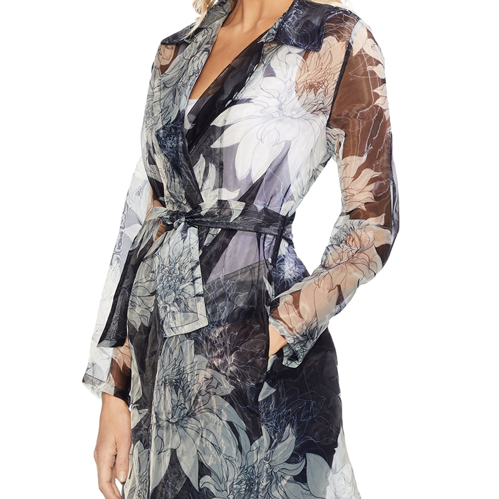 Vince Camuto Women Pagoda Blossoms Printed Sheer Jacket Classic Navy