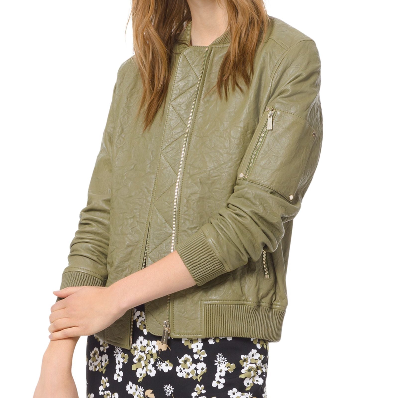 MICHAEL Michael Kors Women Leather Bomber Jacket Smoky Olive